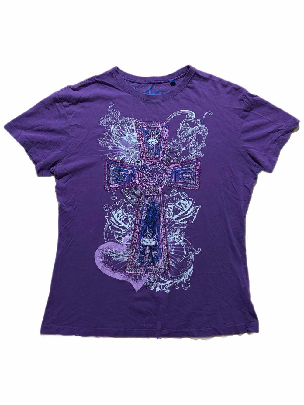 Rock & Roll Cowgirl Graphic Cross Rhinestone T-Shirt Purple XL